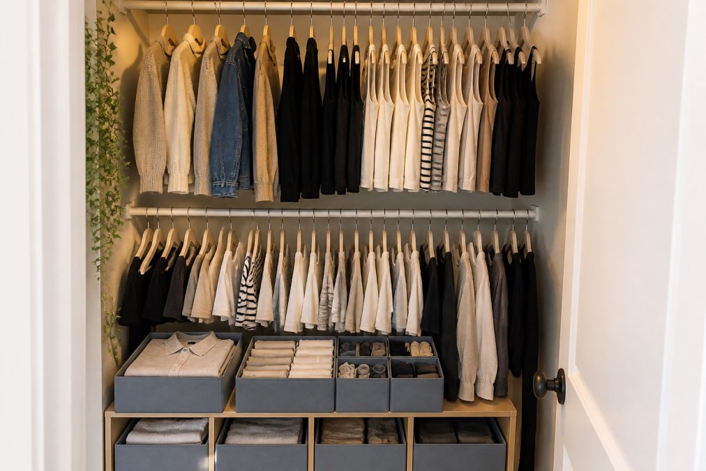 A well-organized small reach-in closet with tension rod creating two tiers of hanging space, slim hangers holding jackets and tops, fabric drawer organizers stacked on shelf below showing folded items, natural closet lighting revealing organized layout