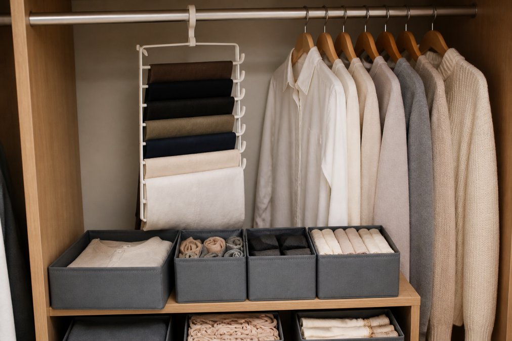 Close-up of closet rod showing space-saving multi-clip pant hanger holding multiple pairs of folded pants in neat rows, with fabric drawer organizers stacked on shelf below containing socks and undergarments, organized closet interior with soft lighting