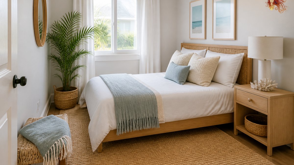 Compact coastal bedroom with low-profile bed, light natural wood nightstand, woven jute rug, and minimal decor arranged to maximize floor space and create an airy, uncluttered feel