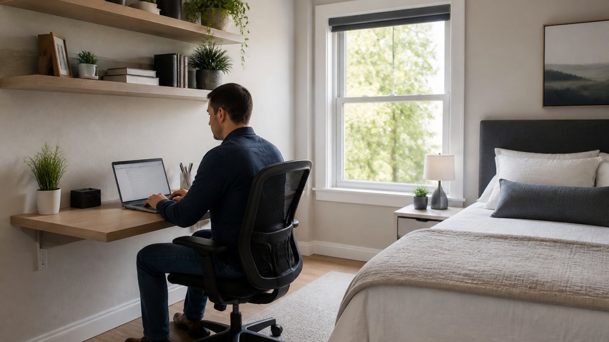 Professional home office setup in compact guest room with wall-mounted desk, comfortable ergonomic chair, neatly organized floating shelves above desk, and quality guest bed with fresh linens in opposite corner, natural window lighting