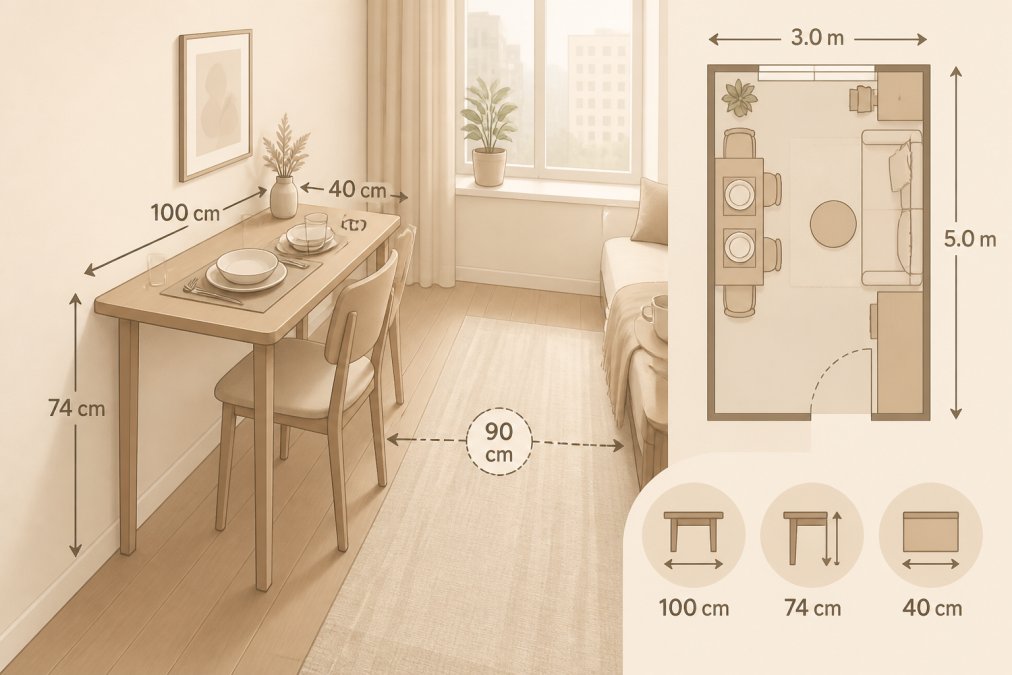 Compact studio apartment dining area with a rectangular space-saving table set for two, showing the table's narrow footprint against the wall and open floor space beyond, natural morning light from a window