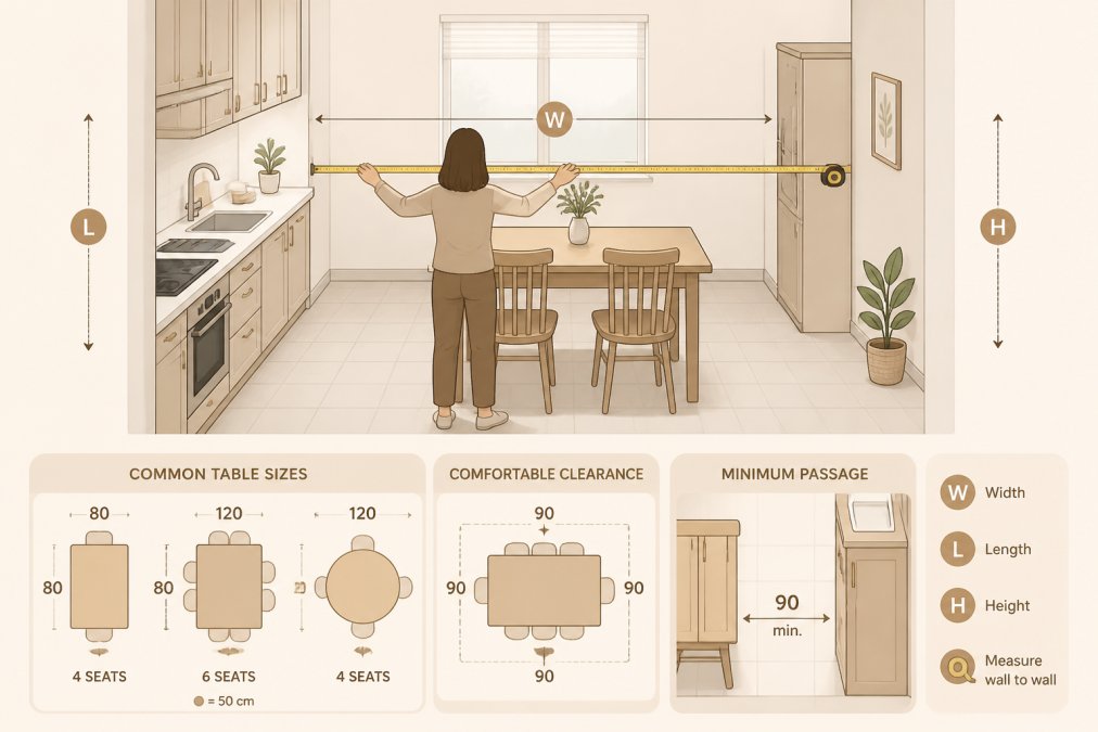 Person using a tape measure to assess dining table dimensions and floor space in a small kitchen, measuring from wall to wall with the tape extended, bright overhead lighting