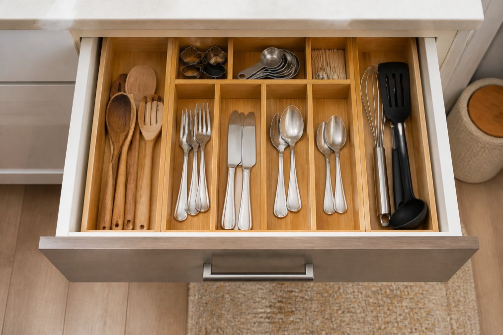 Overhead flat-lay of an open kitchen drawer neatly organized with bamboo drawer dividers separating wooden spoons, cutlery, and small kitchen tools arranged in clean sections on a light wood surface, bright natural overhead light