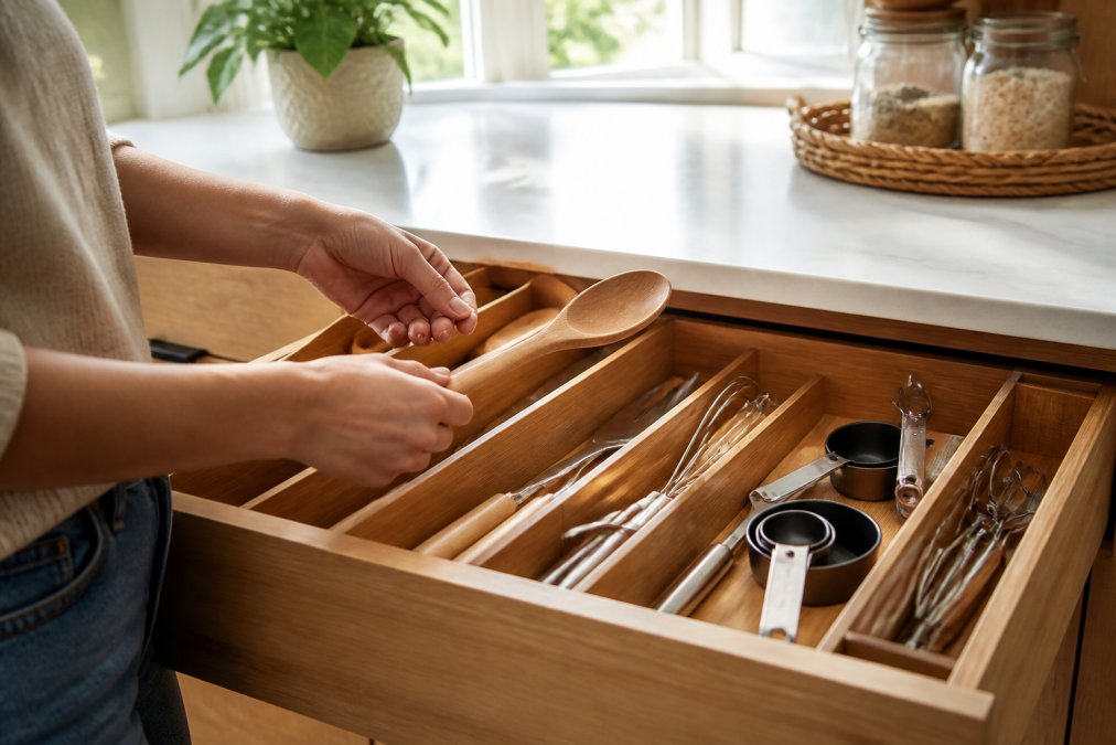 Close-up of hands placing a wooden spoon into a neatly compartmentalized kitchen drawer with expandable bamboo dividers, bright natural light streaming in from a kitchen window in the background, warm wood tones throughout