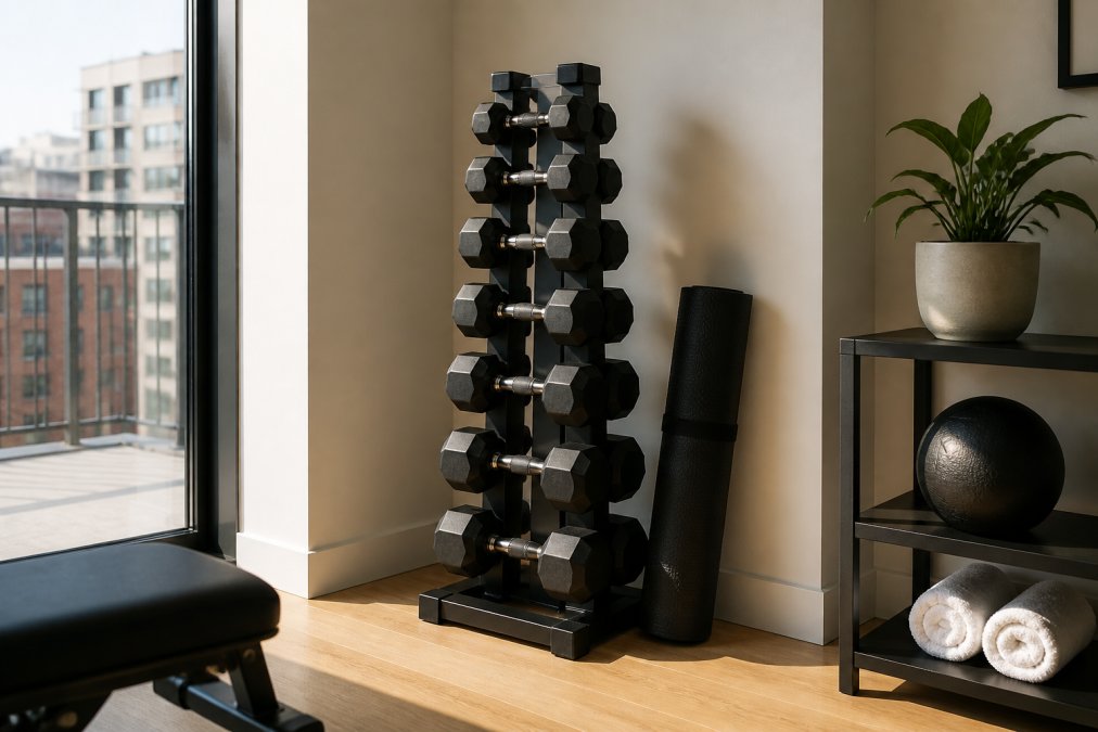 A neat vertical dumbbell rack tucked into a bright apartment corner, holding several pairs of rubber hex dumbbells, with a rolled yoga mat leaning beside it and a small potted plant on a nearby shelf to show home decor integration