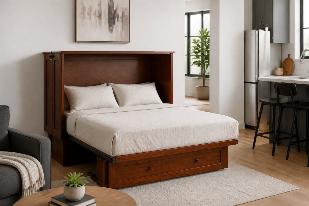 Modern studio apartment with Murphy bed cabinet open during daytime, showing how the bed transforms into a spacious living area with minimal floor space consumption