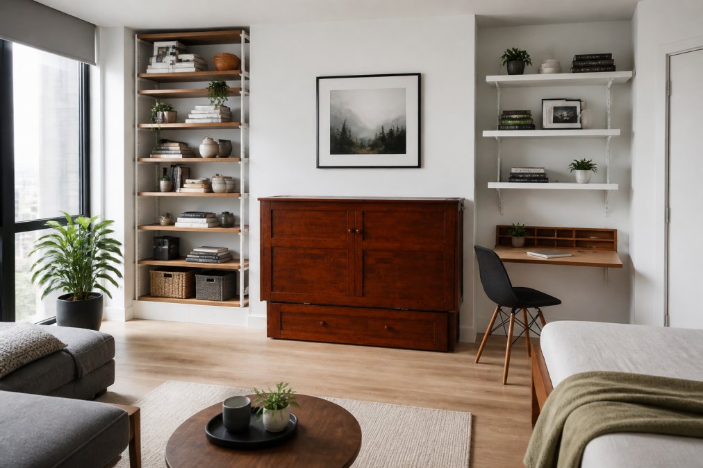 Compact apartment interior featuring floor-to-ceiling vertical shelving, wall-mounted desk in workspace corner, and simplified multifunctional furniture arranged to create an open, uncluttered floor plan with natural light