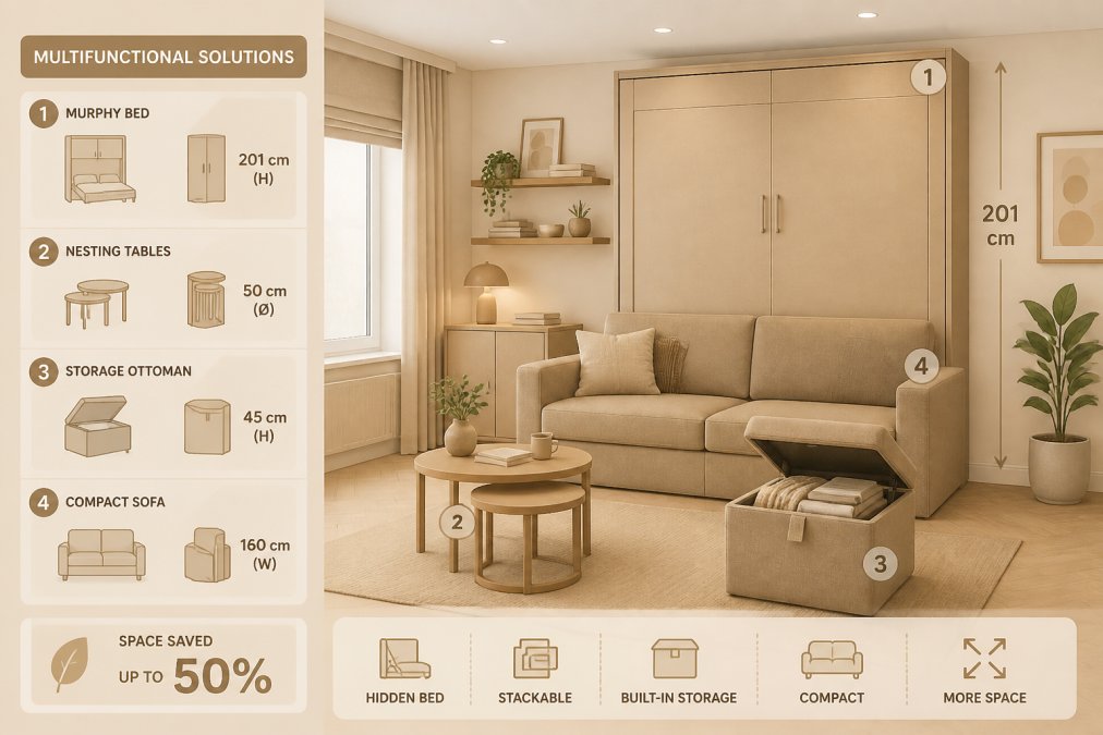 Studio apartment interior showing a wall-mounted murphy bed in closed position as a sleek cabinet, with a compact sofa, nesting tables, and storage ottoman arranged in the same room, demonstrating layered space-saving furniture solutions with warm lighting