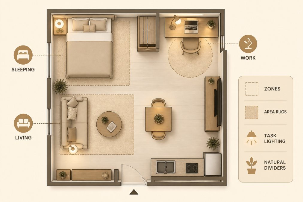 Overhead view of a studio apartment with distinct zones created by strategic furniture placement, area rugs, and lighting, showing a sleeping area with bed and nightstand, a work desk zone with wall-mounted desk and task lighting, and a living area with sofa and coffee table, all clearly separated without walls