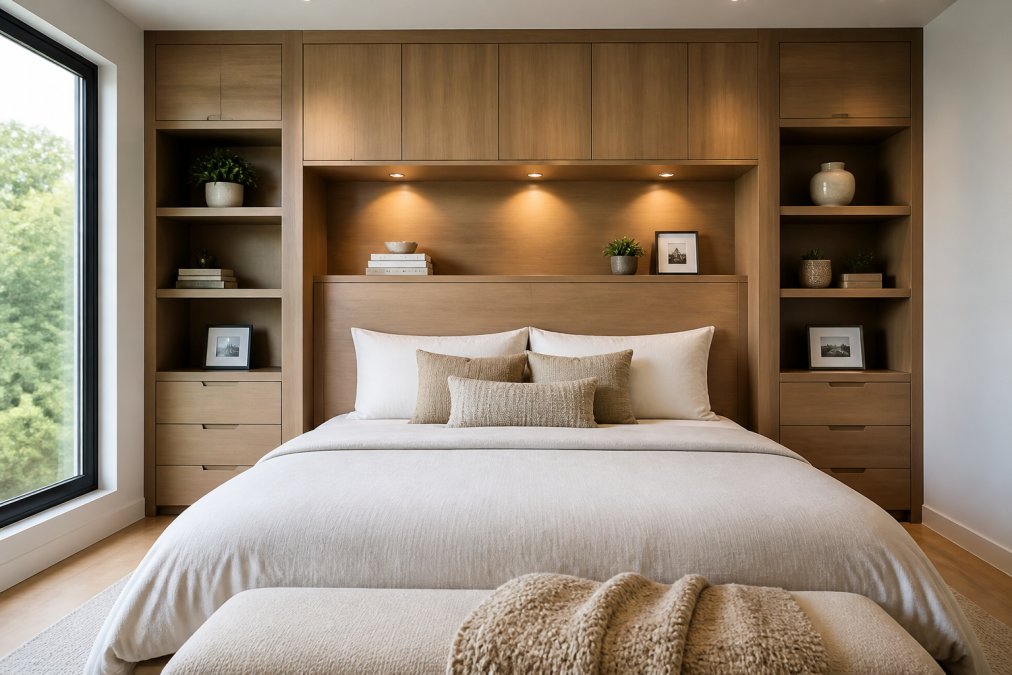 Modern bedroom featuring custom built-in cabinetry and shelving integrated seamlessly into the wall, showing warm wood finishes with soft overhead lighting creating architectural integration and aesthetic cohesion