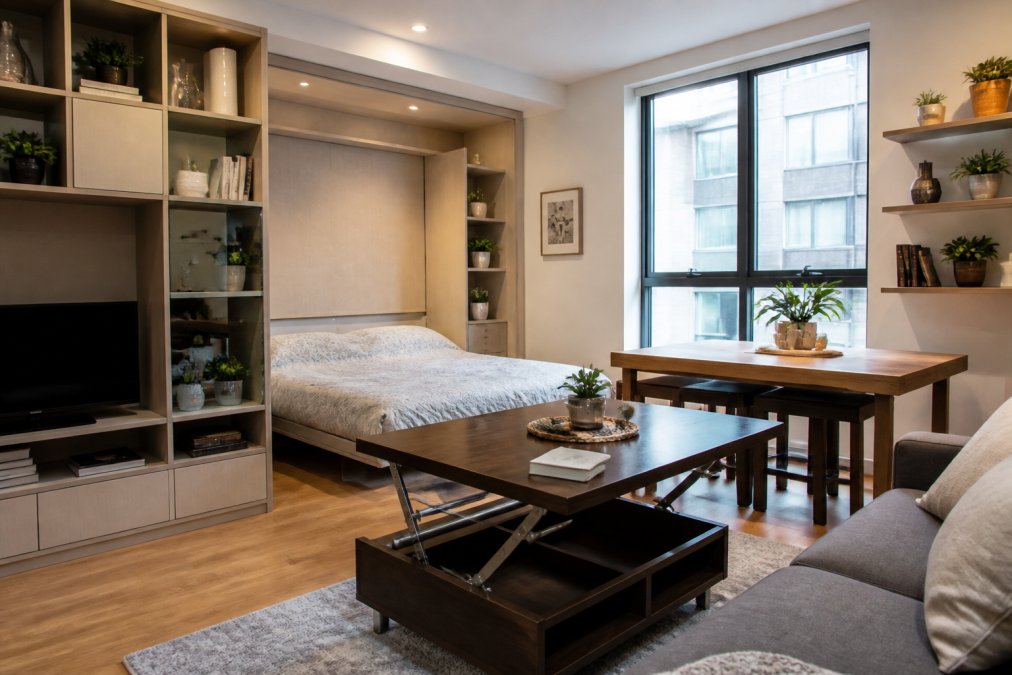 Compact studio apartment with modular shelving units, a transforming coffee-to-dining table with hydraulic mechanism, wall-mounted storage solutions, and a Murphy bed configuration creating an organized, functional living space with natural daylight