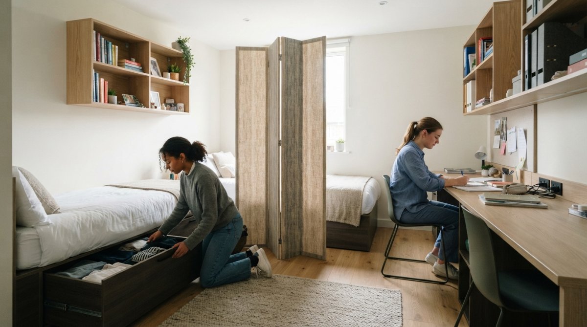 Two beds with a fabric divider, wall shelves, and desks as space saving hacks for shared small bedrooms