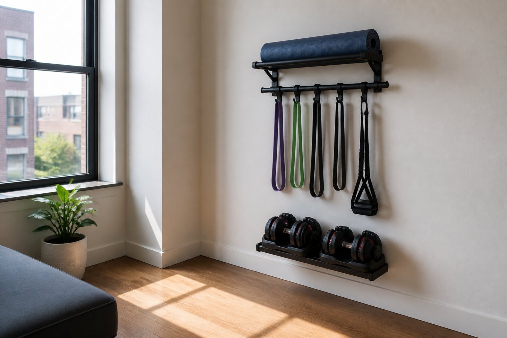 A corner of a small flat with a wall-mounted rack holding resistance bands, a folded yoga mat and a pair of adjustable dumbbells, with clear floor space in front and a window letting in daylight