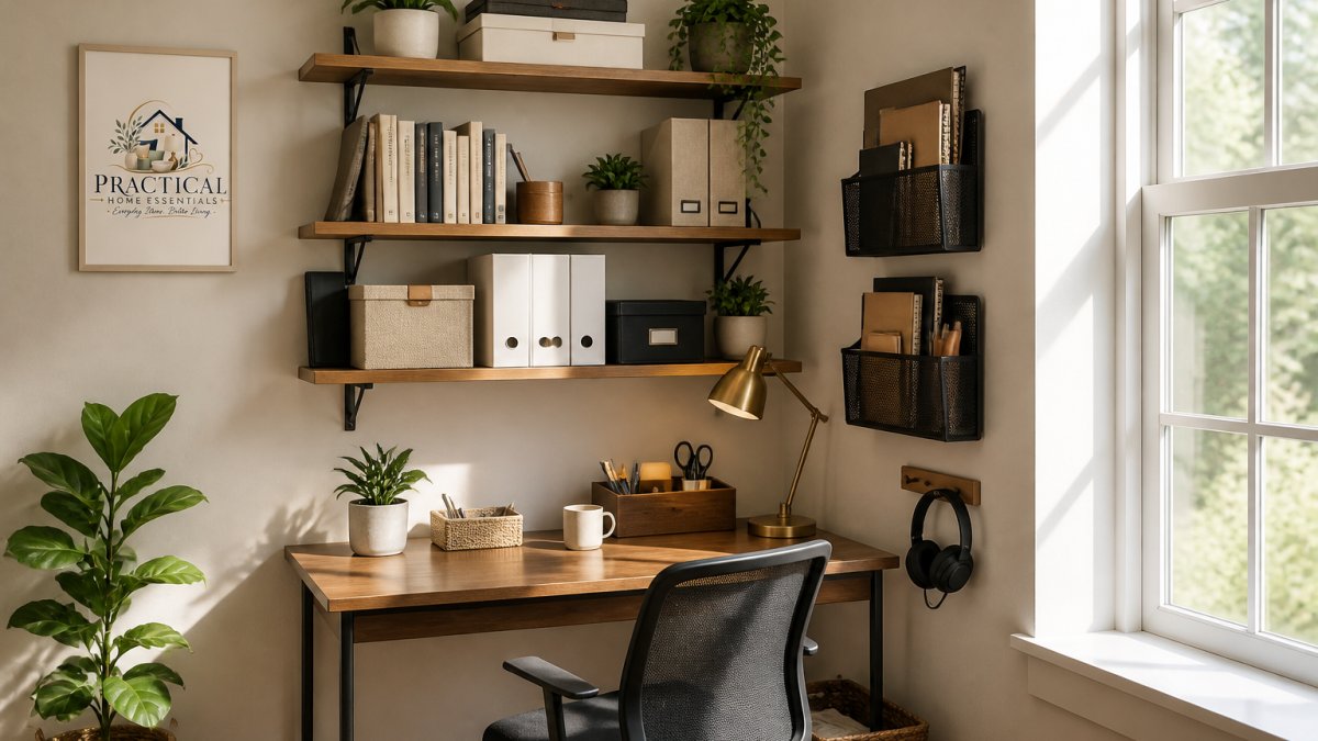Floating shelves above a small desk with organized books and plants in a compact home office corner.