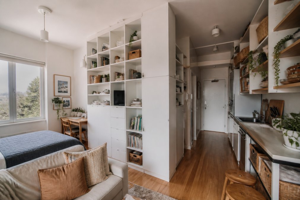 Professional illustration showing space-saving home organisation