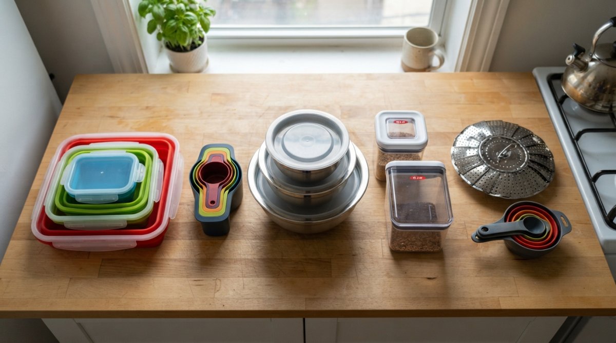 Overhead flat lay of collapsible measuring cups, nesting bowls, and silicone storage containers arranged on a small apartment kitchen counter with natural morning light streaming through a window