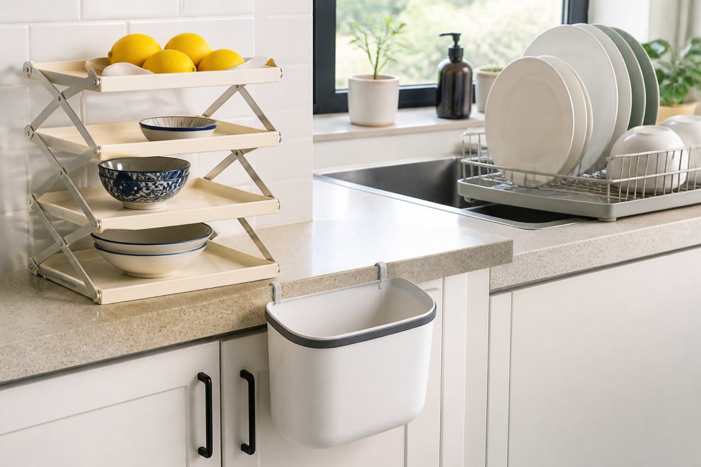 A compact apartment kitchen counter in natural daylight, with a foldable three-tier rack holding lemons and ceramic bowls, a wall-mounted hanging bin hooked on a white cabinet door, and a stack of plates resting on a double-layer draining rack beside the sink