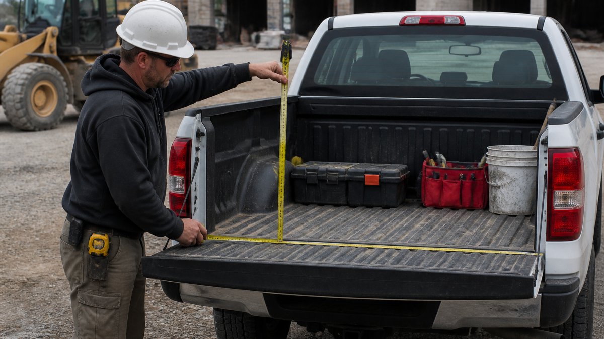 Contractor measuring truck bed length and height with tape measure, showing practical setup of a construction vehicle with tools and equipment visible in background