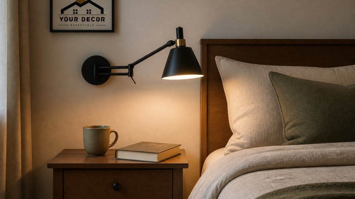 A cozy tiny bedroom with a wall-mounted swing-arm lamp above a small nightstand, showing a book and a cup, warm light illuminating the space