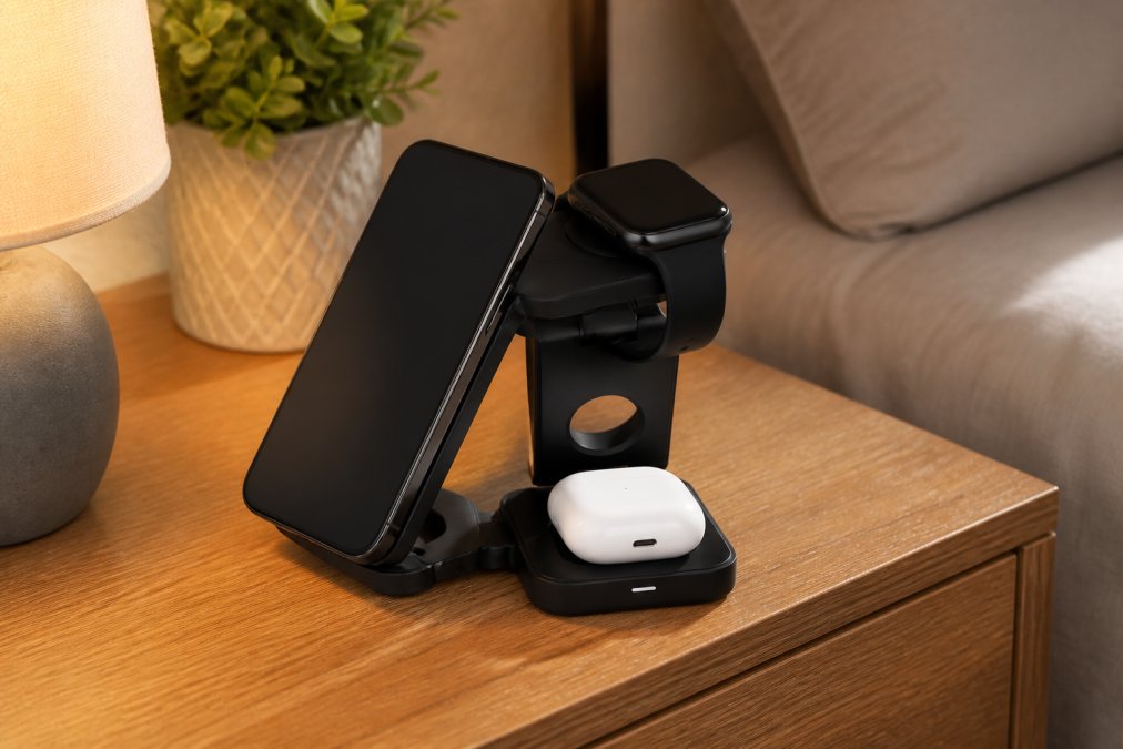 A compact foldable 3-in-1 wireless charging station sitting on a clean wooden nightstand, simultaneously charging a smartphone face-up, a smartwatch on a magnetic puck, and a small earbuds case in warm bedroom lighting