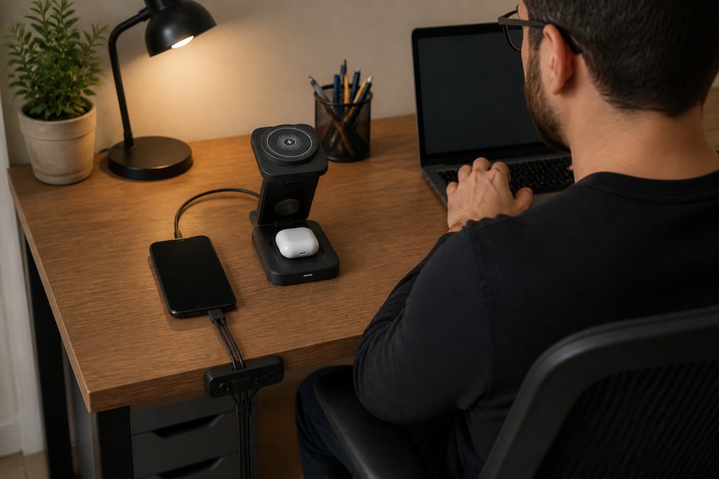 Overhead view of a neatly organized home office desk corner with a foldable multi-device charging station centered on a wooden surface, cables routed through a black cable clip on the desk edge, a smartphone and earbuds case charging with no loose cords visible, warm desk lamp lighting