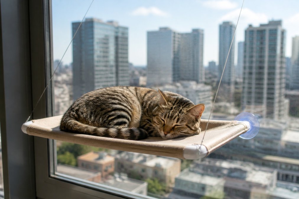 A tabby cat curled up asleep on a fabric window hammock, bright daylight streaming through the glass with a city skyline softly blurred in the background
