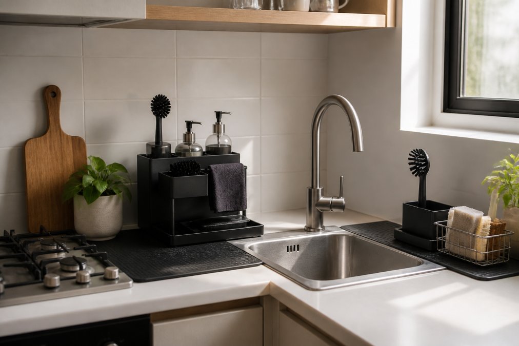Modern compact kitchen sink area with minimalist Scandinavian-style black and stainless steel organizers, waterproof mats protecting a small white countertop, and carefully arranged cleaning supplies in a tight corner next to a small stove, shot with warm natural window lighting