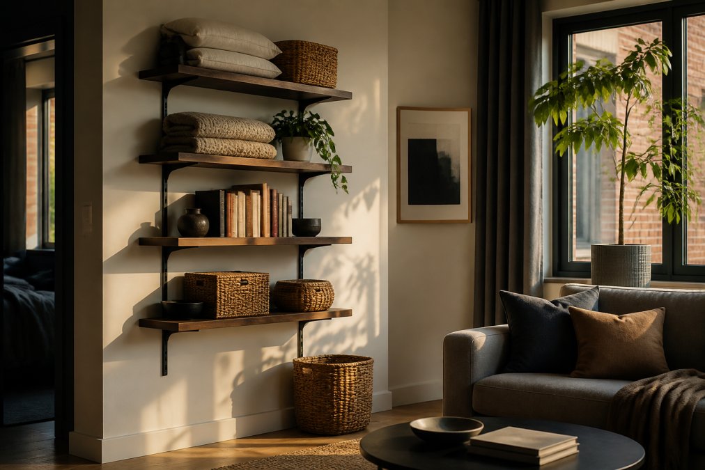 A bright, modern rental apartment living room with tall floating shelves mounted on a wall, holding folded blankets, baskets, and a few books. Natural light streams in from a window, and the space feels open and uncluttered.
