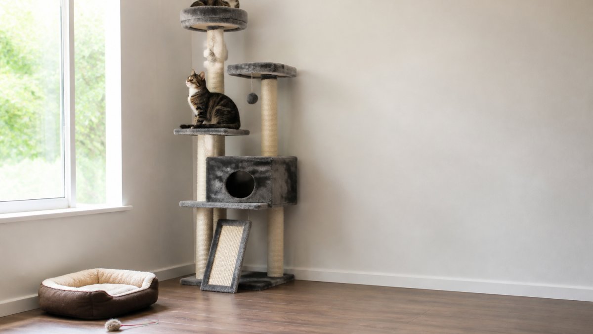 Diagram illustrating how a tall cat tree utilizes vertical space to keep apartment floor areas open and uncluttered