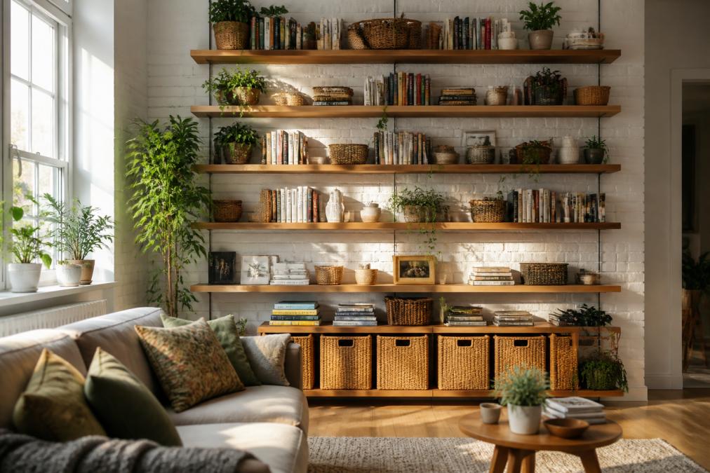 A bright, compact flat living room with tall floating shelves covering an entire wall, neatly arranged with books, plants, and woven storage baskets, photographed in warm afternoon light with a white-painted brick wall behind