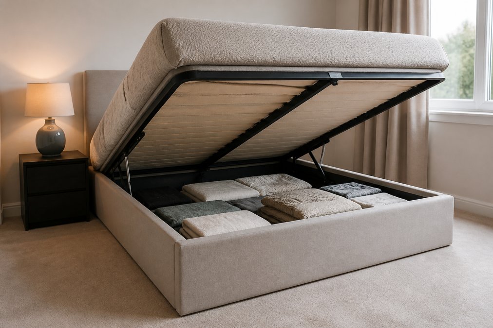 A small, well-organised flat bedroom with an ottoman storage bed, the upholstered base lifted open on its hydraulic mechanism to reveal neatly folded duvets and blankets inside, with a bedside lamp and minimal furniture in a neutral-toned room
