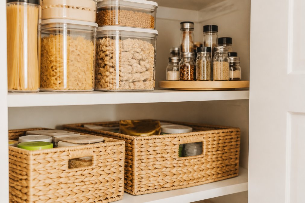 A neatly organized small pantry shelf with clear stackable containers holding pasta and cereal, a lazy susan with spice jars in the corner, and labeled woven bins on the shelf below, shot from a slight angle to show depth