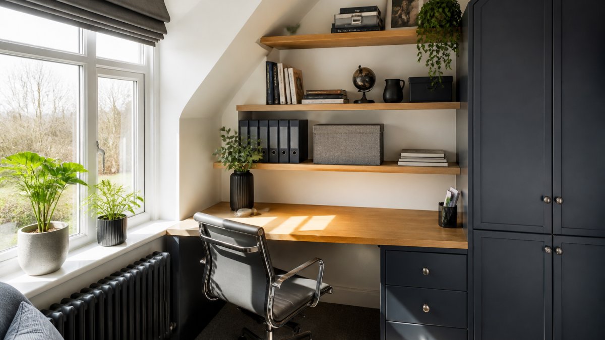 Professional home office corner with floating shelves displaying books and office supplies, natural window light illuminating organised workspace with desk