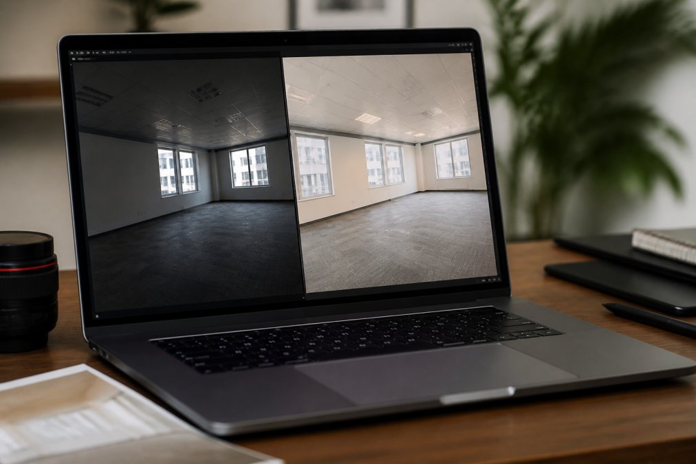 A commercial photographer's laptop on a desk showing before and after edits of an empty office interior, with a RAW file open beside a colour-corrected version