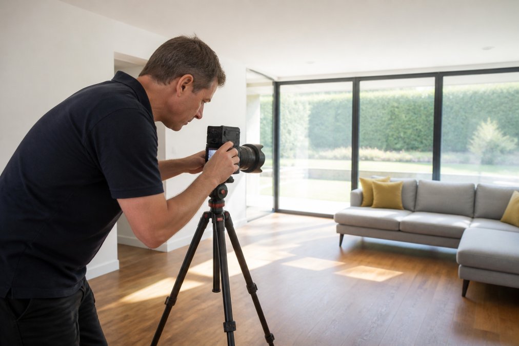 A professional photographer adjusting a camera on a tripod in a bright, empty living room of a modern UK home, natural light streaming through large windows