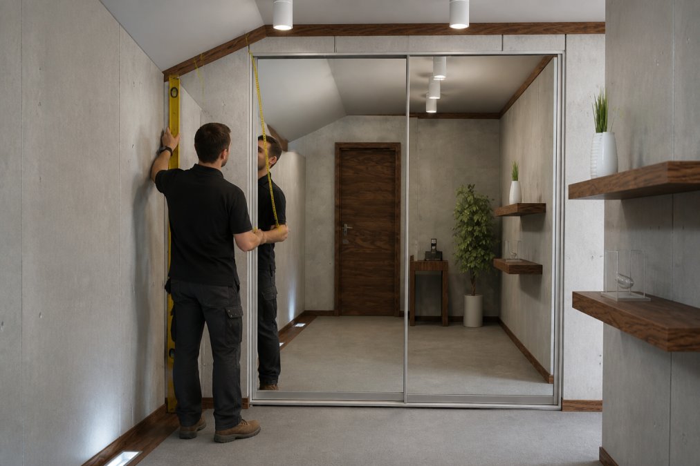 Professional tradesperson using a spirit level and tape measure to check vertical alignment and measure height across an awkwardly-shaped bedroom alcove with sloped ceiling, demonstrating precise measurement technique