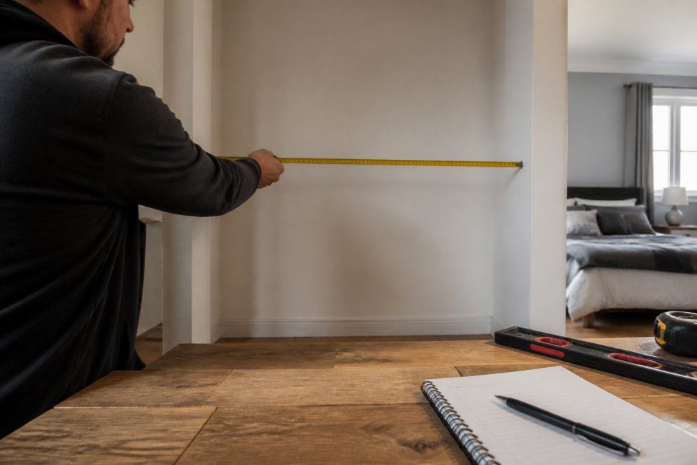 Close-up of a tape measure being held horizontally against a bedroom alcove wall, with a notebook and pen recording measurements on a wooden surface nearby