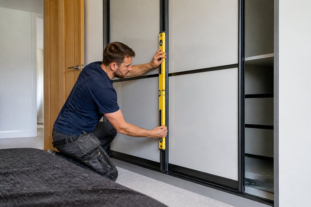 Experienced joiner or tradesperson installing aluminium sliding wardrobe doors onto a track system in a residential bedroom, carefully aligning the doors with a spirit level, showing the precision required for proper operation