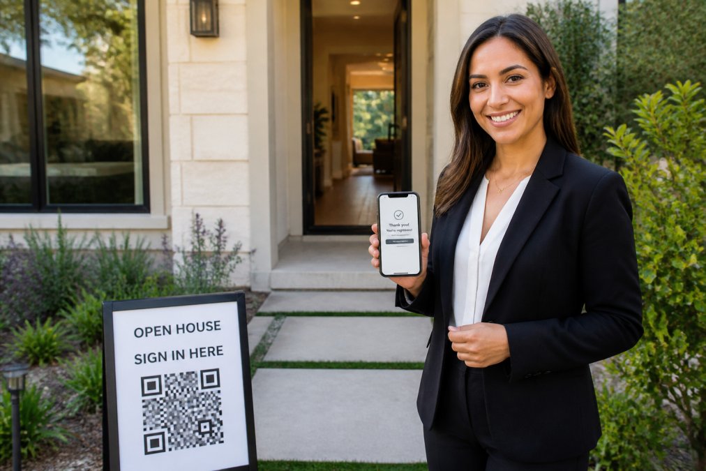 A real estate agent holding a smartphone showing a digital sign-in confirmation, standing at the entrance of a bright, modern home for sale, with a QR code sign on a stand nearby