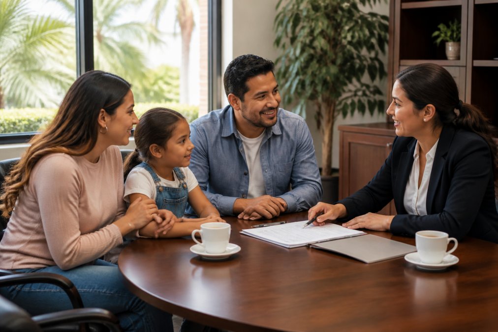 A diverse family sitting at a table with an insurance agent, discussing coverage options over coffee in a warm, welcoming office environment with natural light