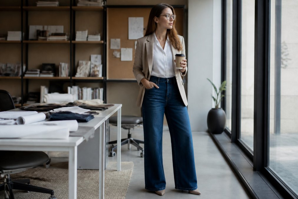 Professional woman in office setting wearing dark-wash wide-leg jeans paired with a tucked-in blouse and blazer, demonstrating work-appropriate styling with the vintage-inspired fit