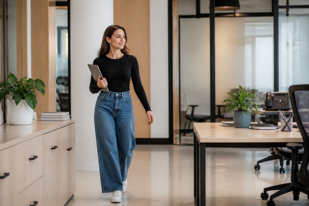 Woman styled in straight-leg wide-leg jeans paired with a fitted top and sneakers, demonstrating a casual-to-professional look suitable for office and weekend wear