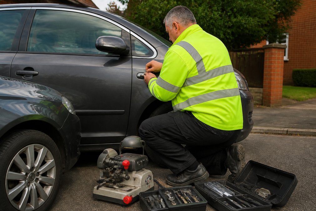 Professional auto locksmith in high-visibility clothing working at a vehicle with portable key cutting machine and programming equipment visible on the ground, demonstrating the on-site process near the car's door with natural daylight