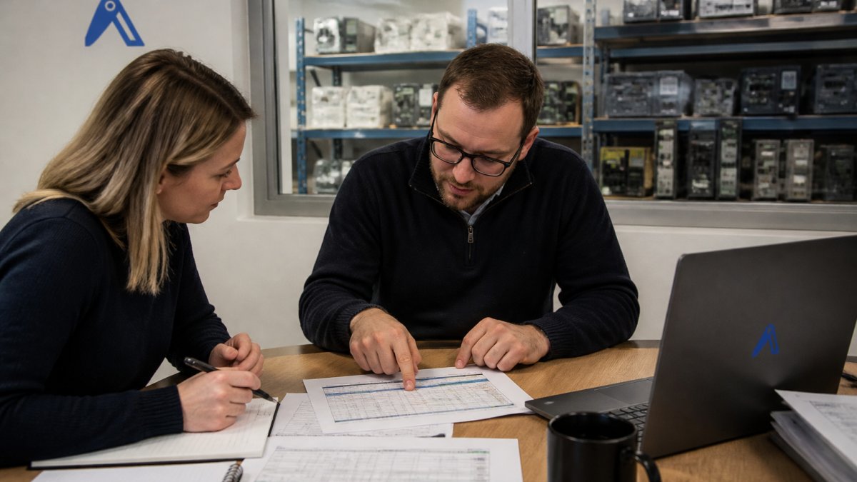 Procurement specialists reviewing a vendor management scorecard and supplier performance data in a plant office.