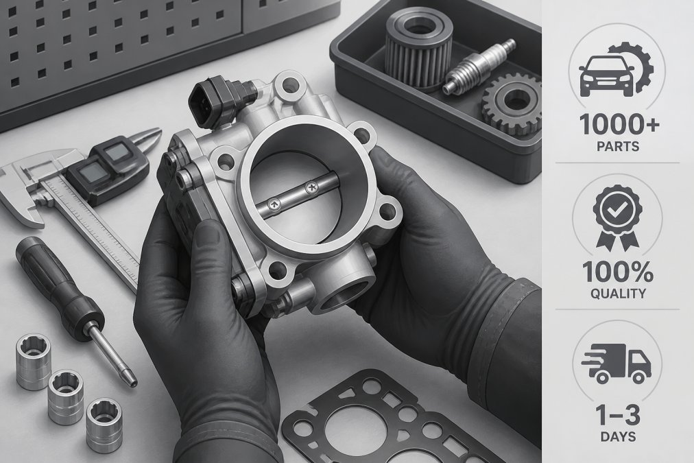 Close-up of hands holding an automotive engine component or replacement part against a workbench with precision tools visible, showing quality craftsmanship and detail
