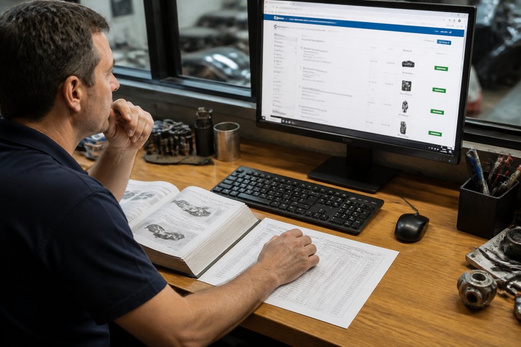 Person at a computer screen checking vehicle specifications and part compatibility information, with a vehicle manual and specification sheet visible on the desk, natural office lighting