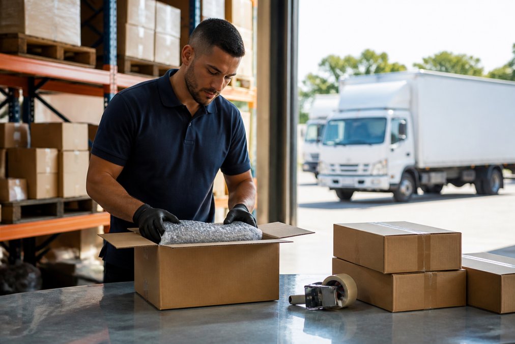 Professional warehouse worker carefully packing automotive parts into a branded parcel box, with delivery trucks visible through warehouse doors in background, natural daylight streaming in