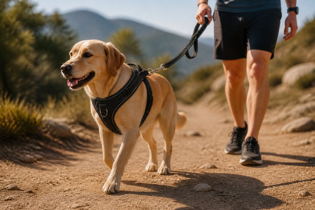 Dog wearing a front-clip harness with visible reinforced stitching and metal buckles during an active outdoor walk on a sunny trail, handler maintaining steady control