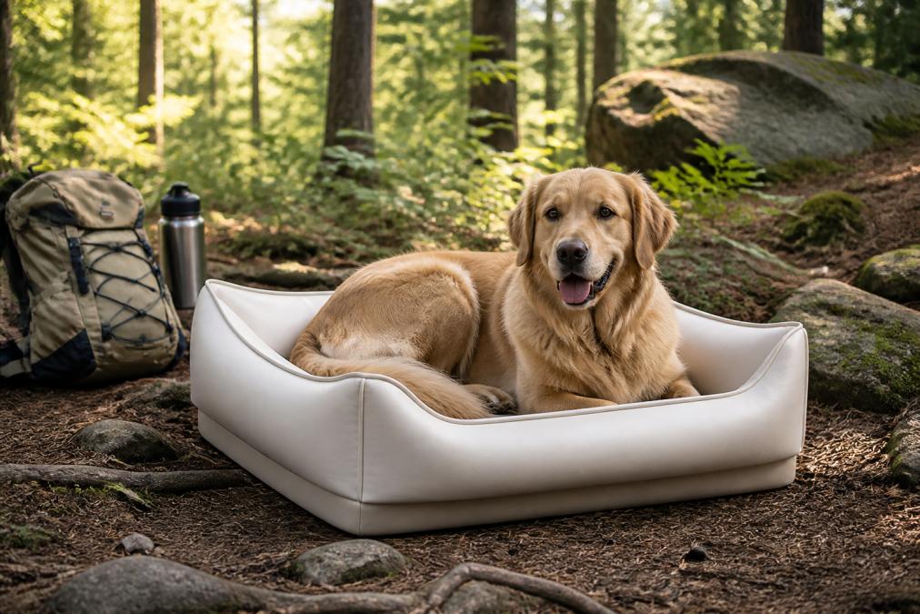 Golden retriever resting on an elevated dog bed in a wooded hiking area with visible weather-resistant mesh construction and waterproof backing, surrounded by natural terrain
