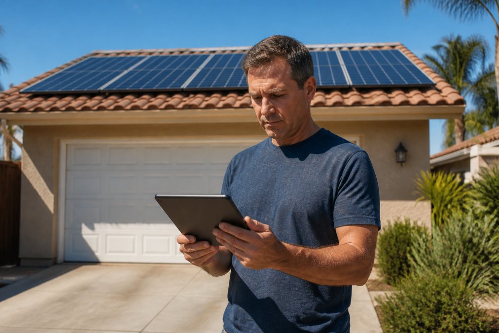 Close-up of a homeowner reviewing a solar cleaning quote on a tablet while standing in a sunny driveway, with solar panels visible on the roof behind them